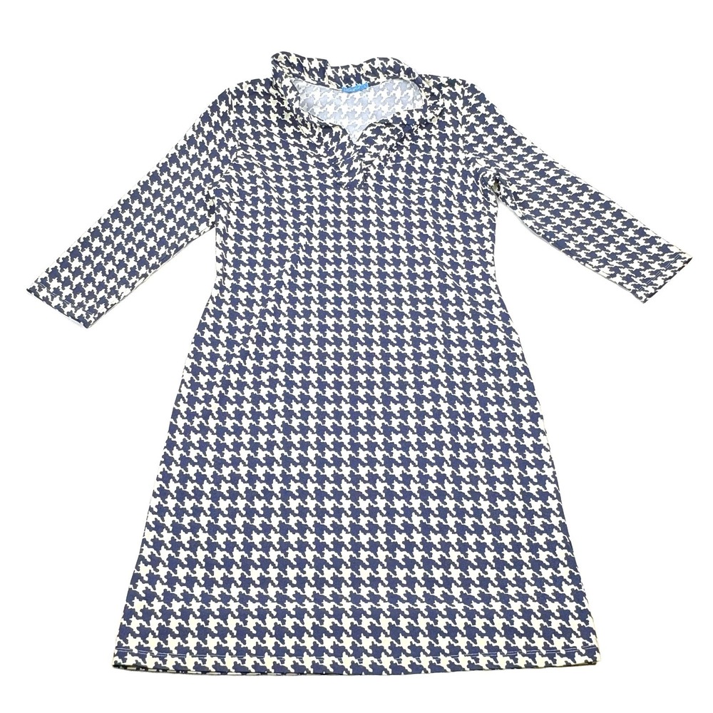 J. McLaughlin Navy and White Houndstooth Long Sleeve Dress